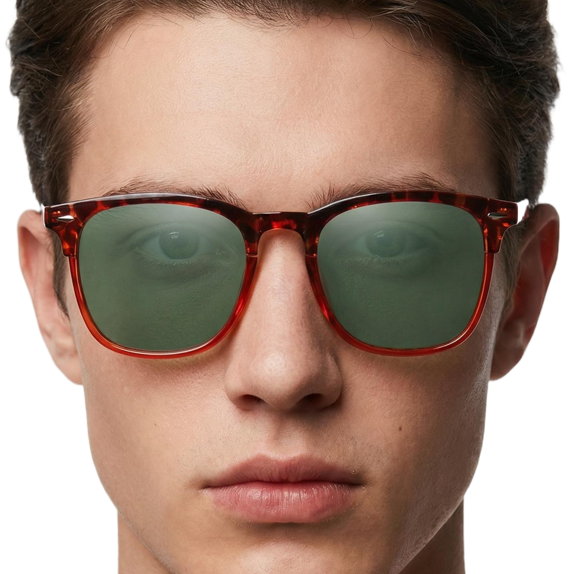 Man wearing piccadilly pattern frame and green lens wayfarer sunglasses by Missandtrendy front side view_