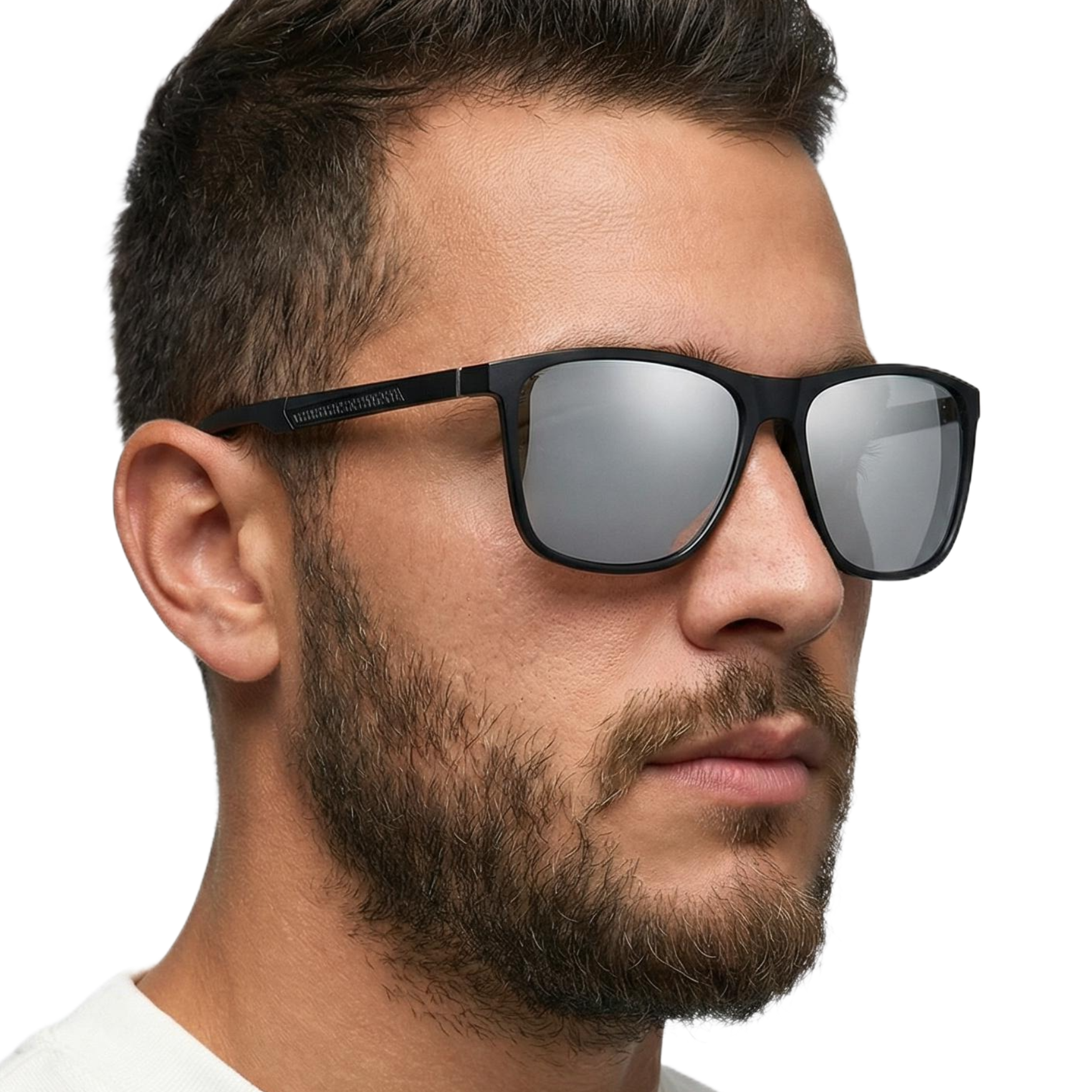 Man_wearing_polarised_lens_square_sunglasses_touring_grey_by_Missandtrendy_front_side_view_2