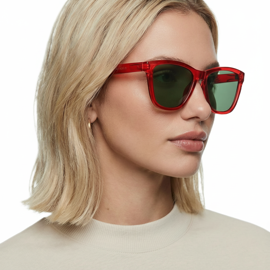 Man wearing rainbow red frame and green lens wayfarer polarised UV400 sunglasses by Missandtrendy 45º side view 01