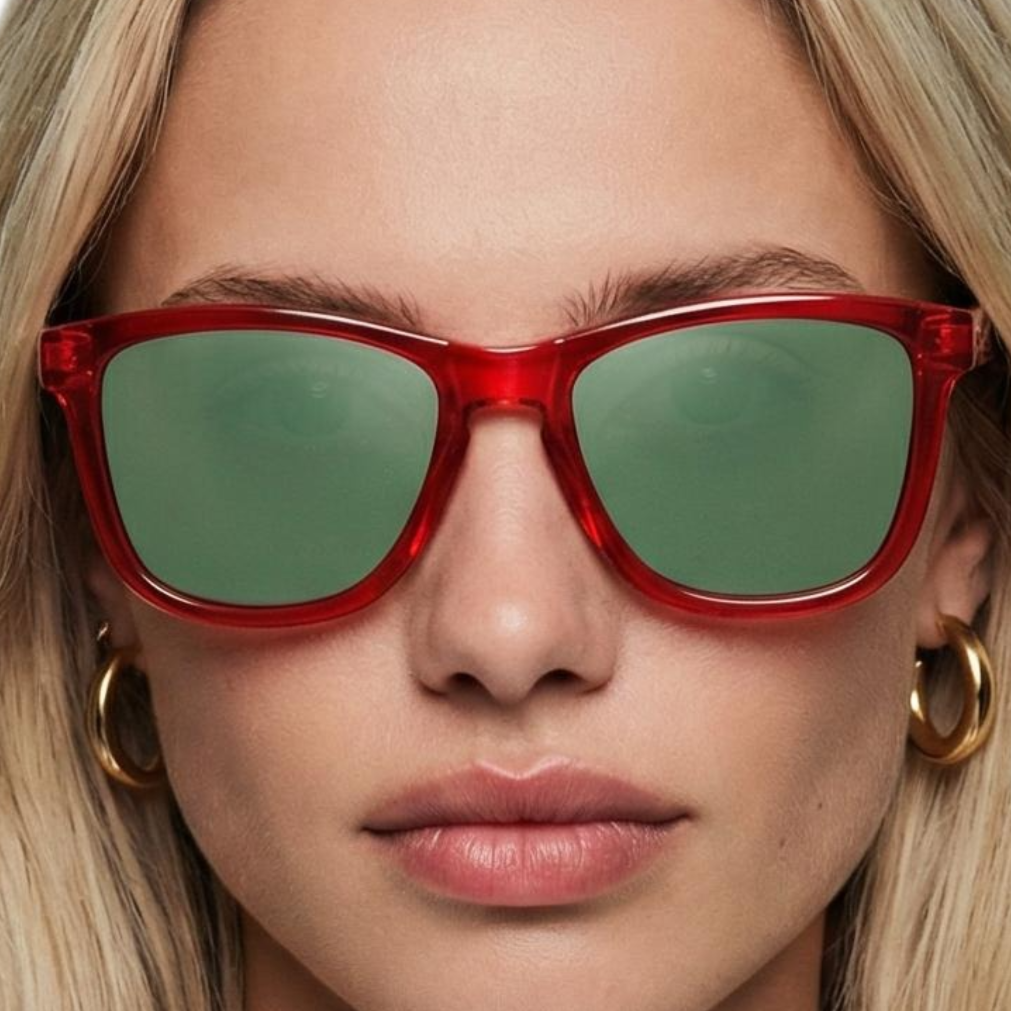 Man wearing rainbow red frame and green lens wayfarer polarised UV400 sunglasses by Missandtrendy front close up view