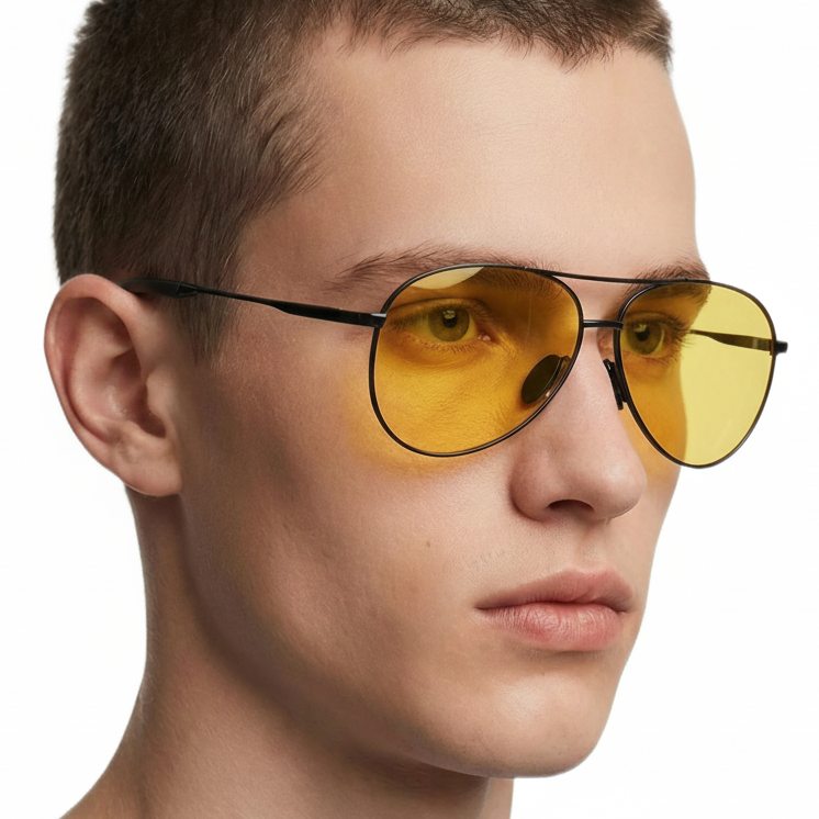 Man wearing retro aviator gunmetal metal frame and gradient green lens sunglasses by Missandtrendy 45º side view _01