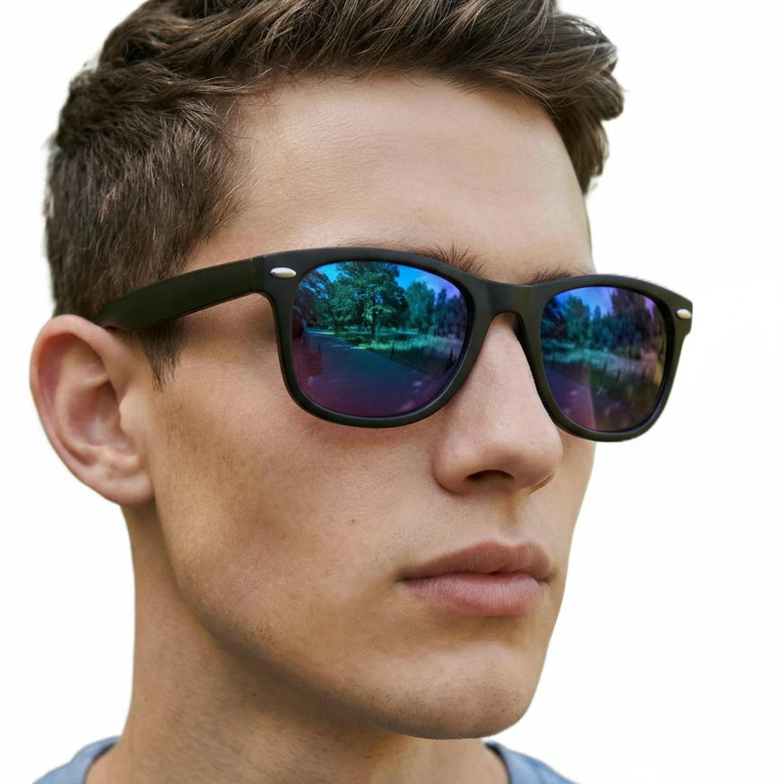 Man_wearing_sunshine_black_frame_and_mirror_blue_lens_wayfarer_sunglasses_by_Missandtrendy_45_side__full_view_02
