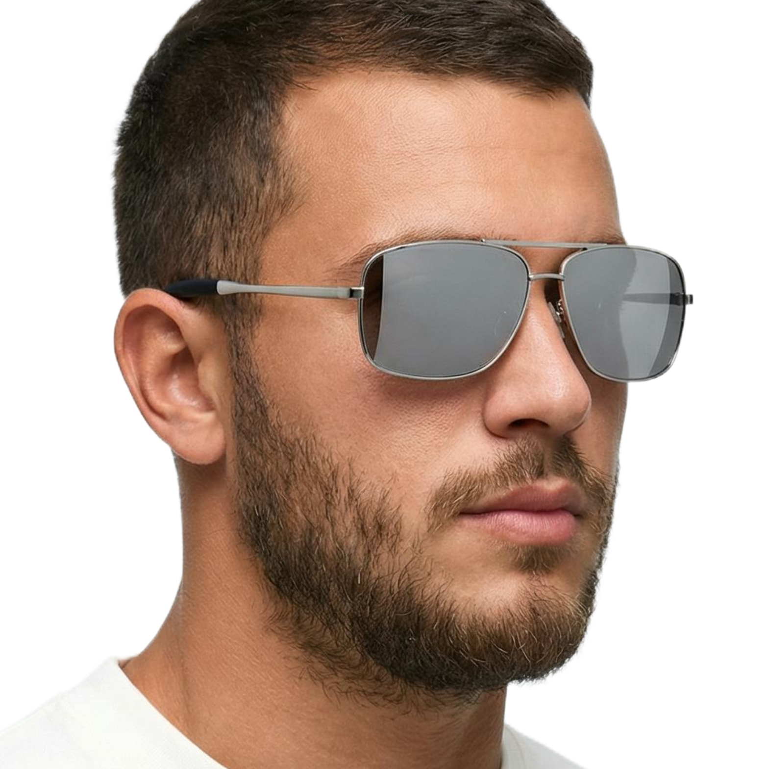 Man wearing thinline silver frame and black lens rectangular sunglasses by Missandtrendy  front side view_0