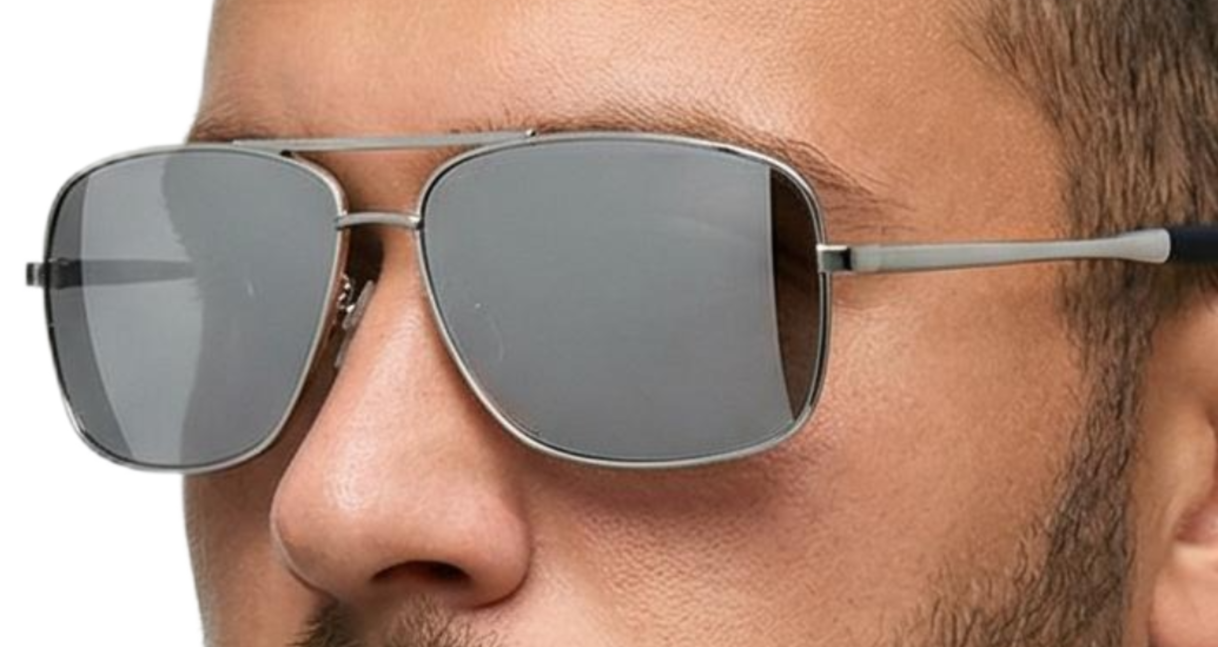 Man wearing thinline silver frame and black lens rectangular sunglasses by Missandtrendy  front side view_main