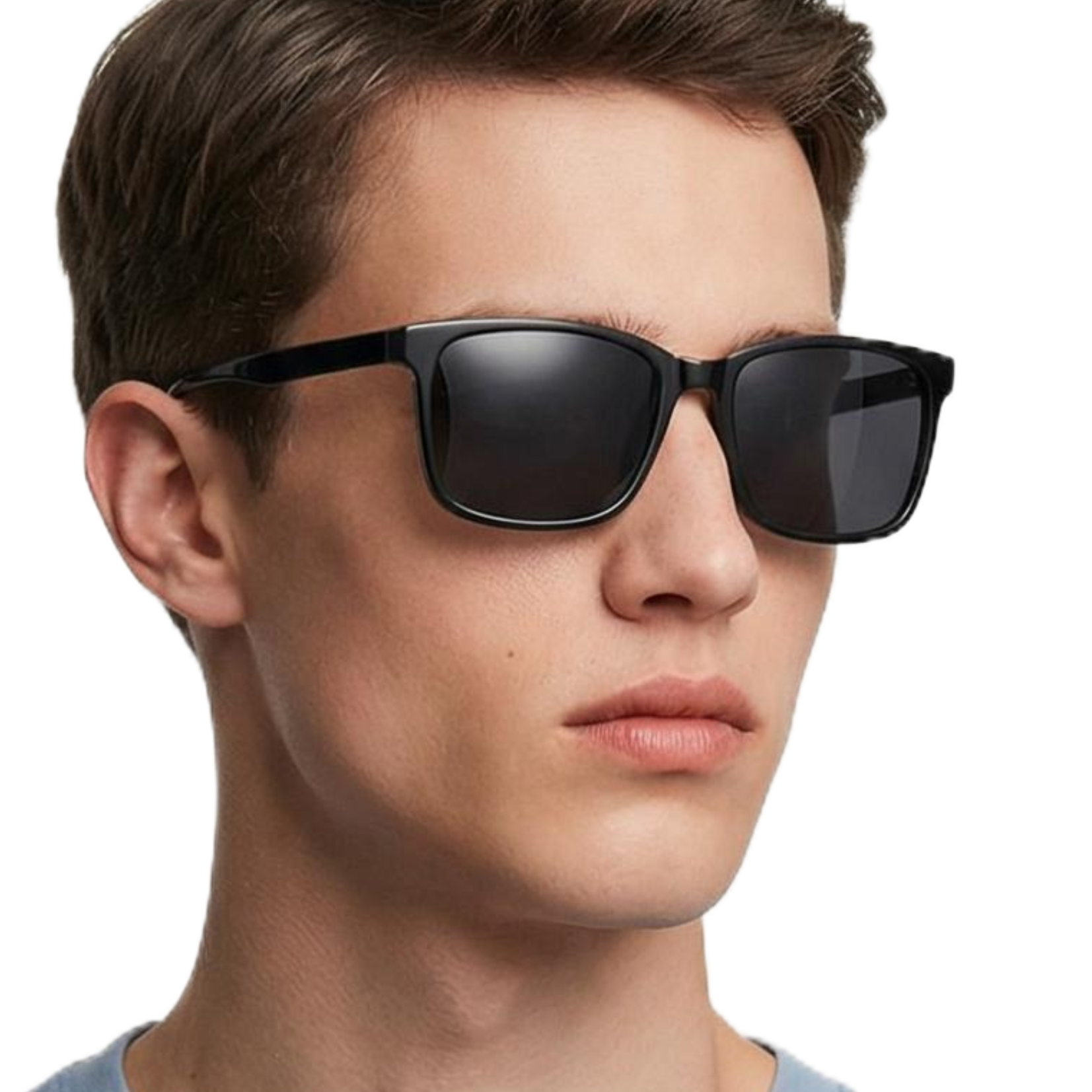 Man wearing waves black frame and black lens rectangular sunglasses by Missandtrendy 45º side view_0