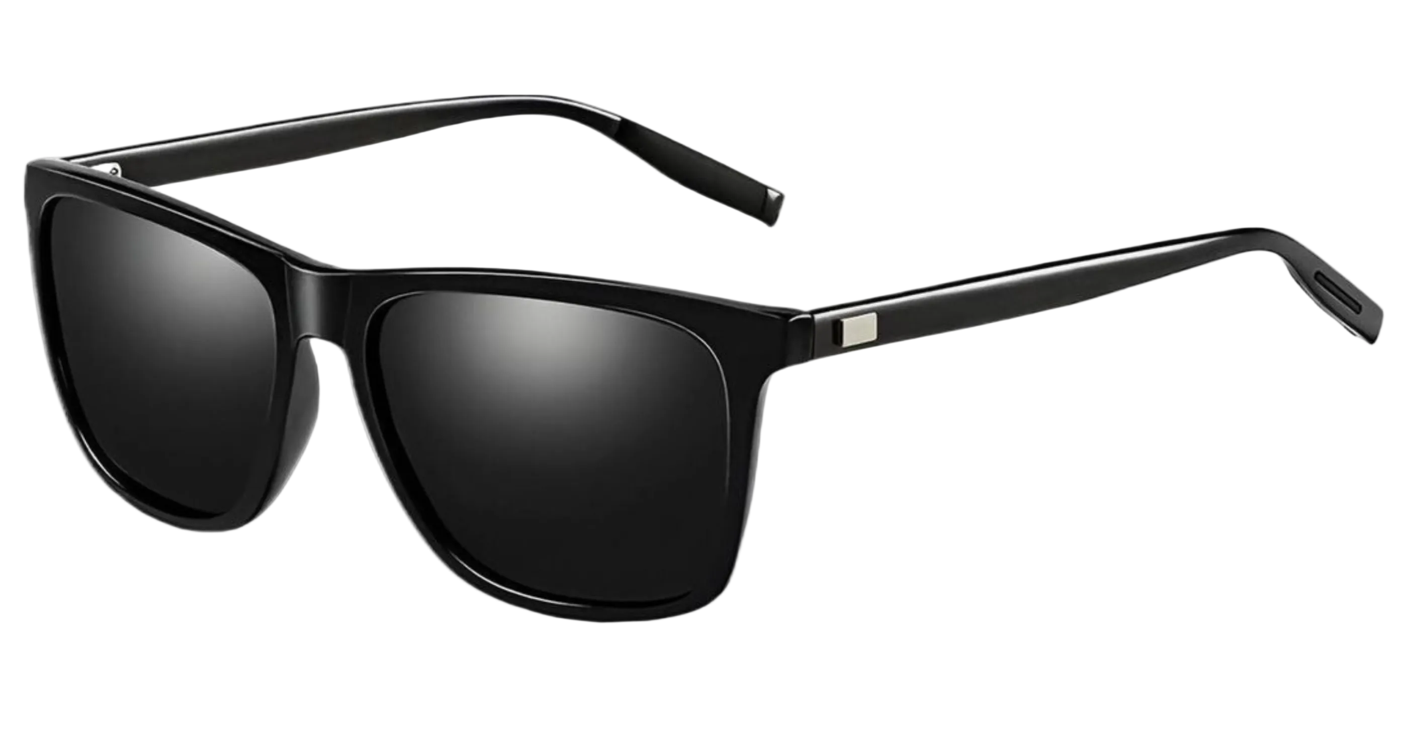 Mayfair - Black square UV 400 polarised sunglasses with dark lenses and a small silver accent on the temple arm, shown on a plain white background - Missandtrendy