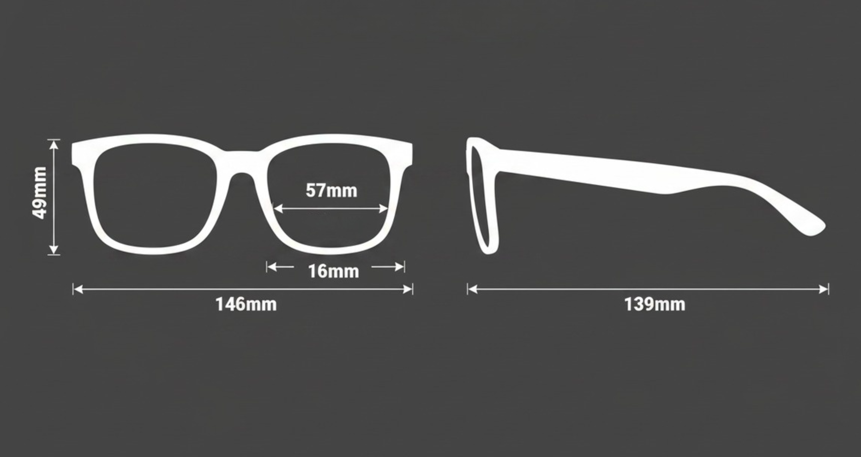White line drawing of a pair of eyeglasses showing front, side, and width measurements on a dark gray background.