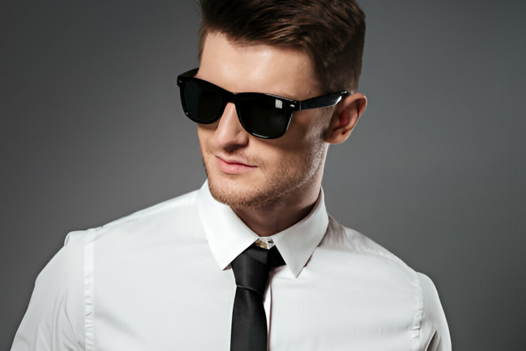 Male elegant model wearing Black polarised sunglasses with dark lenses from Missandtrendy UK