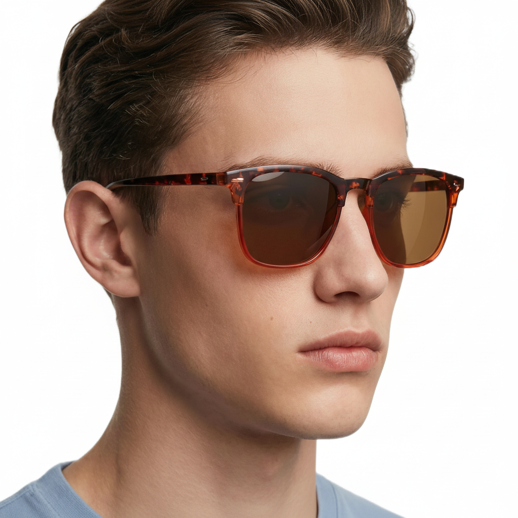 Men wearing Missandtrendy Piccadilly wayfarer sunglasses with tortoiseshell orange  frame and brown lens 45º side view 01