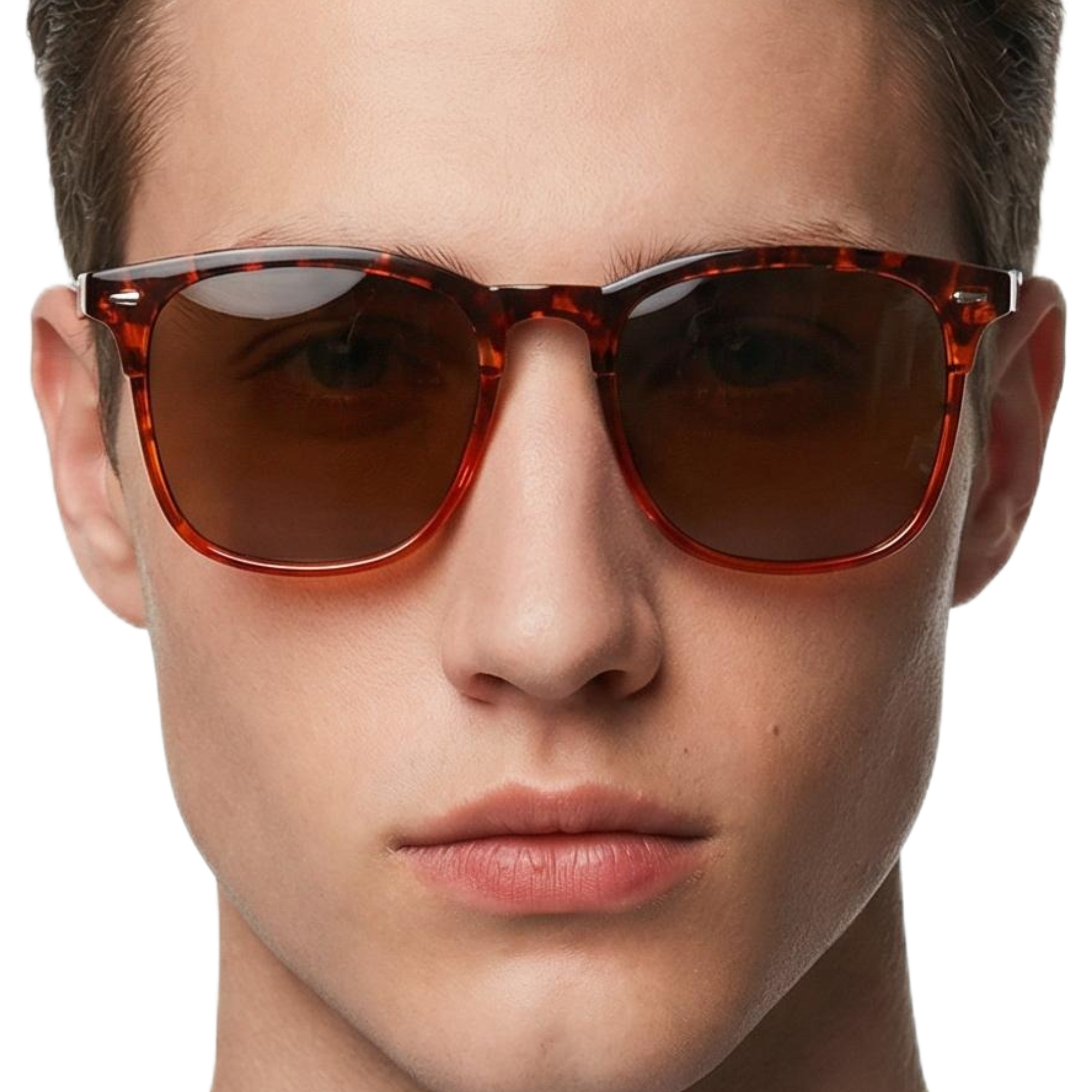 Men wearing Missandtrendy Piccadilly wayfarer sunglasses with tortoiseshell orange  frame and brown lens front side view