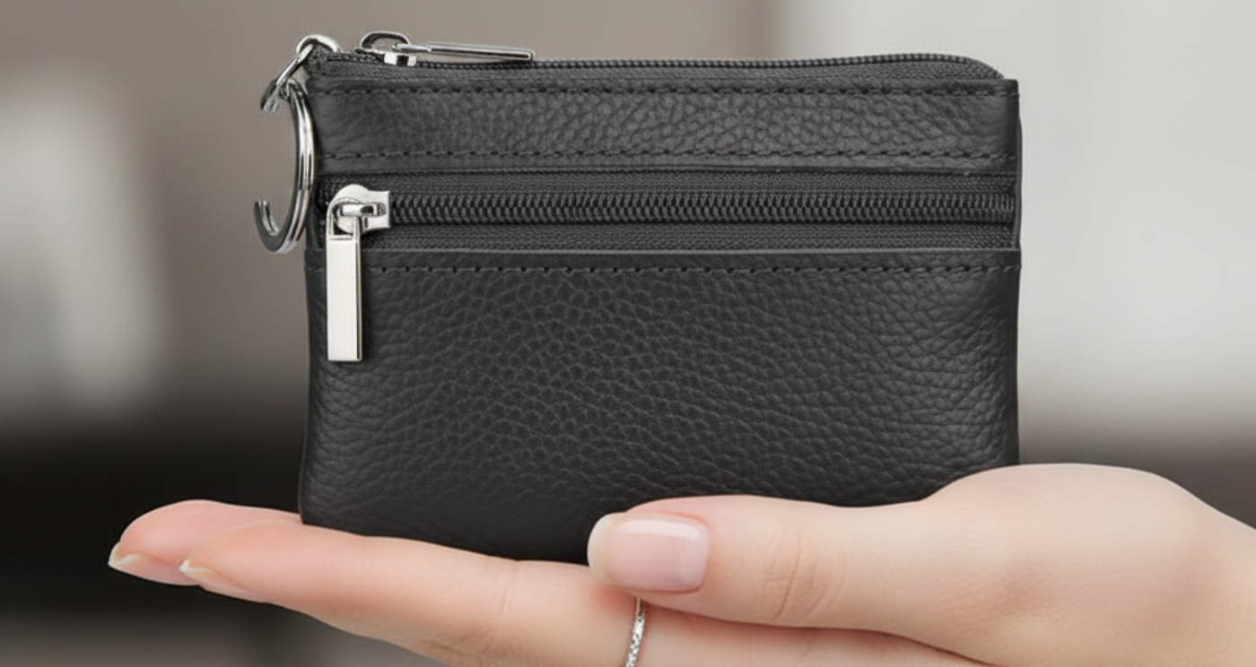 Handmade Genuine Leather Zipper Card Wallet Coin Purse Black