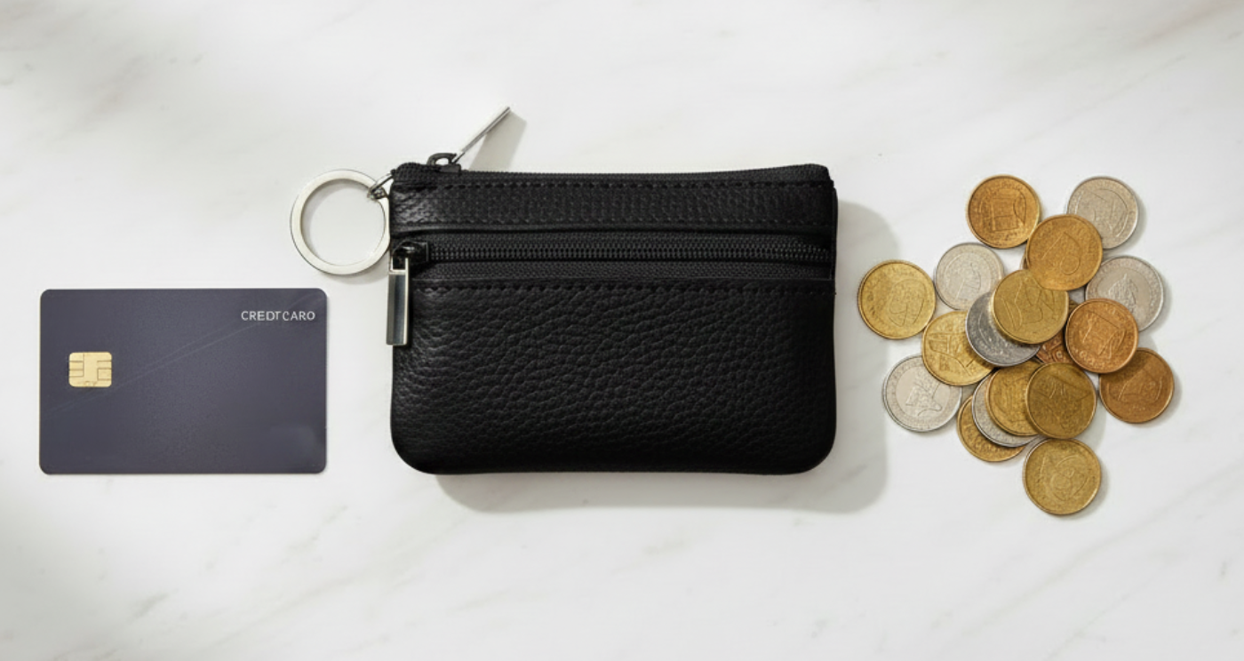 Handmade Genuine Leather Zipper Card Wallet Coin Purse Black With cards and coins