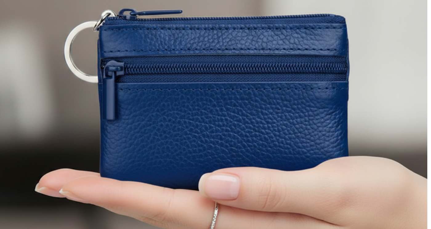Handmade Genuine Leather Zipper Card Wallet Coin Purse Blue