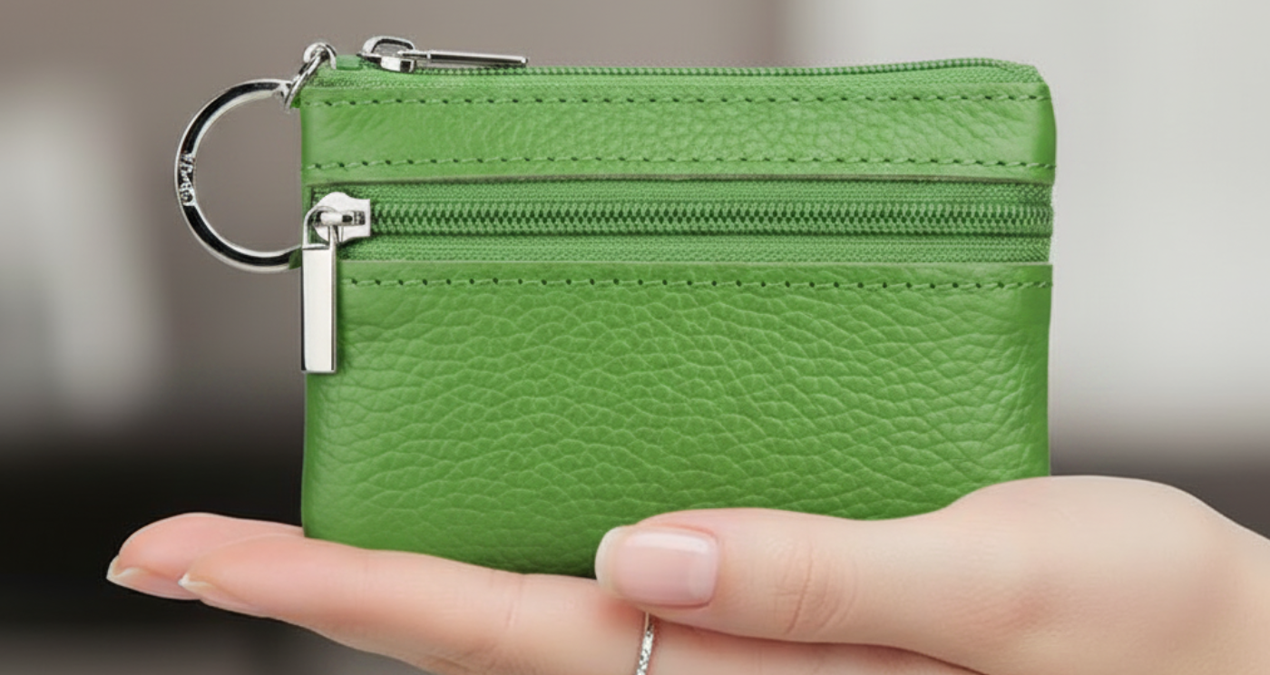 Handmade Genuine Leather Zipper Card Wallet Coin Purse Green