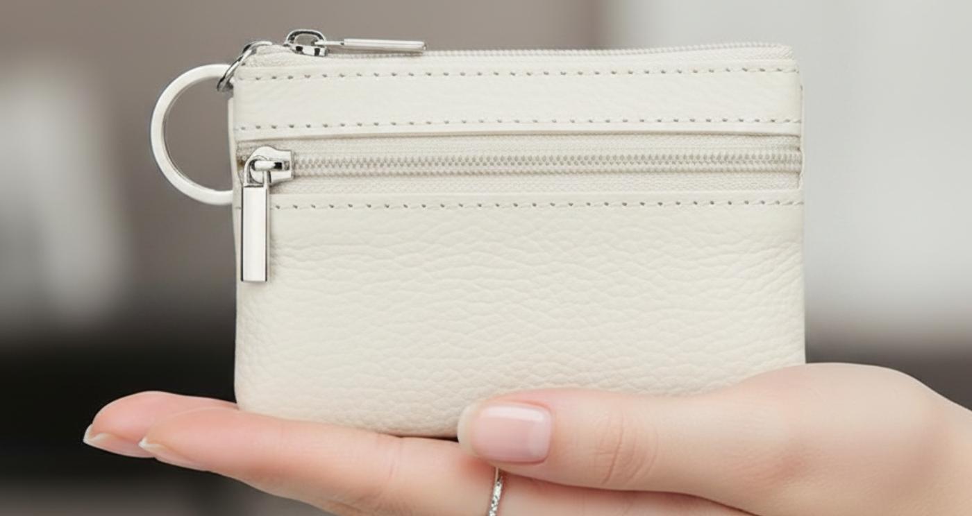 Handmade Genuine Leather Zipper Card Wallet Coin Purse White