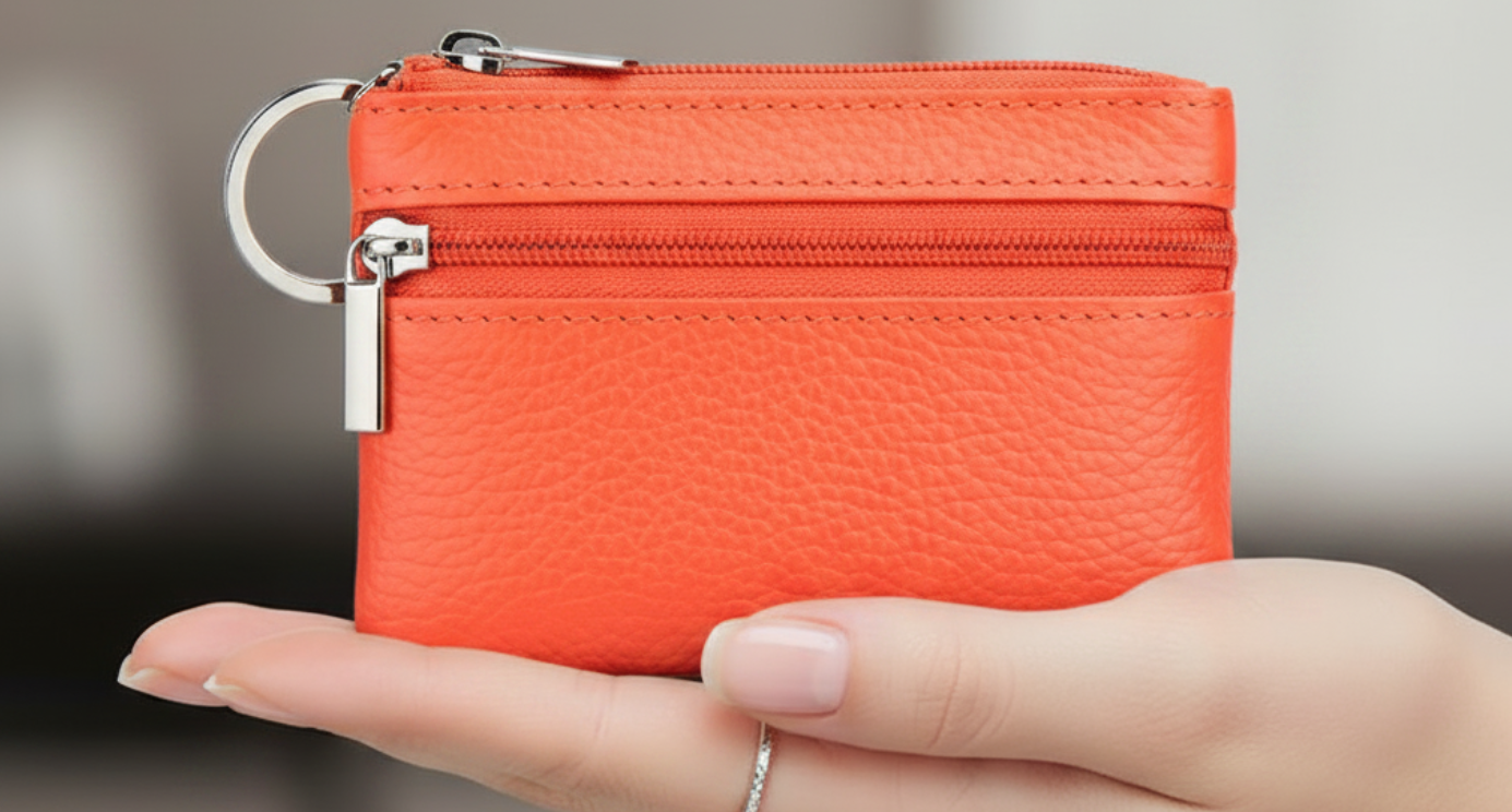 Handmade Genuine Leather Zipper Card Wallet Coin Purse Orange