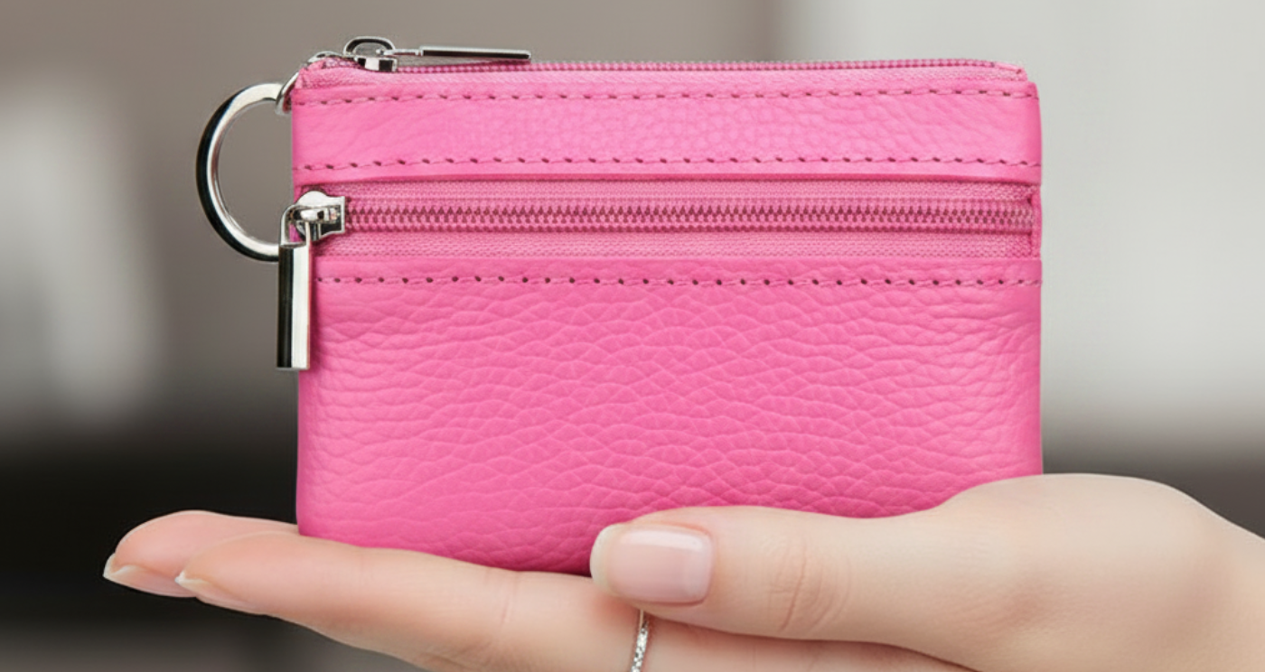 Handmade Genuine Leather Zipper Card Wallet Coin Purse Pink