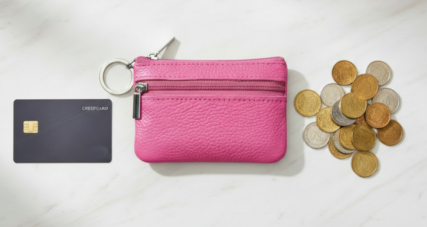 Handmade Genuine Leather Zipper Card Wallet Coin Purse Pink with card and coins