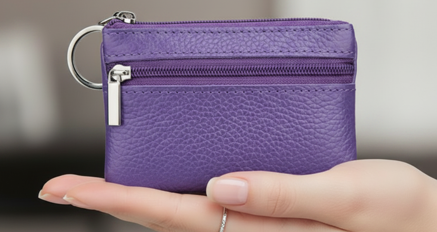 Handmade Genuine Leather Zipper Card Wallet Coin Purse Purple