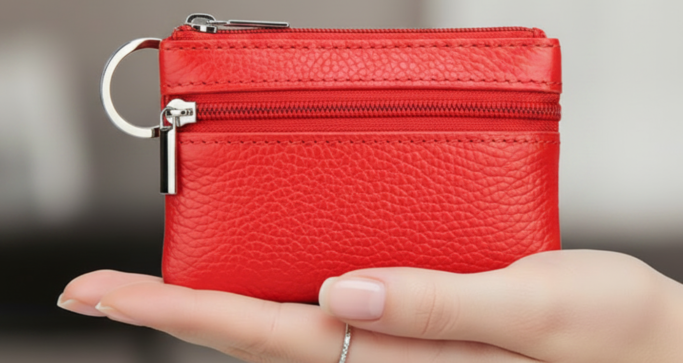 Handmade Genuine Leather Zipper Card Wallet Coin Purse Red