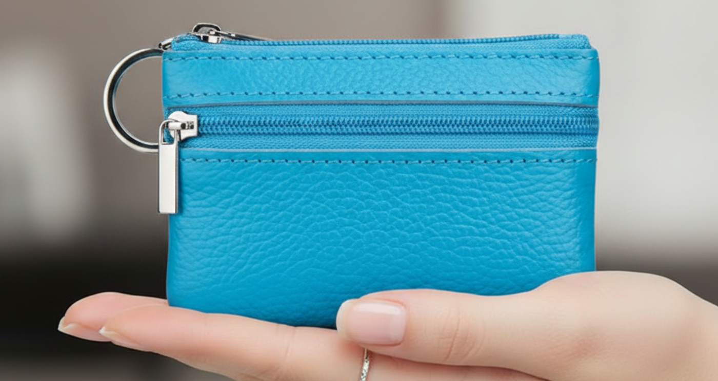 Handmade Genuine Leather Zipper Card Wallet Coin Purse Turquoise