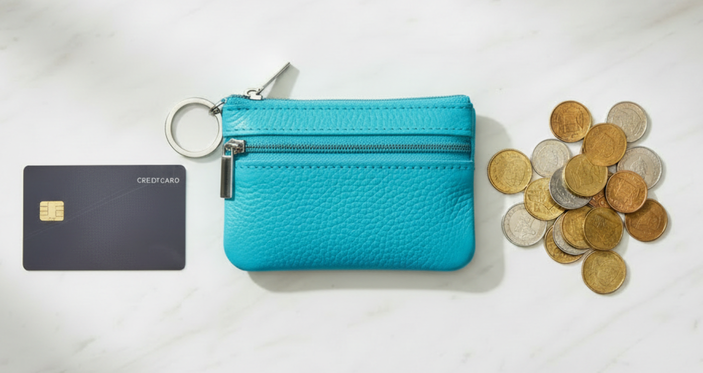 Handmade Genuine Leather Zipper Card Wallet Coin Purse Turquoise with card and coins