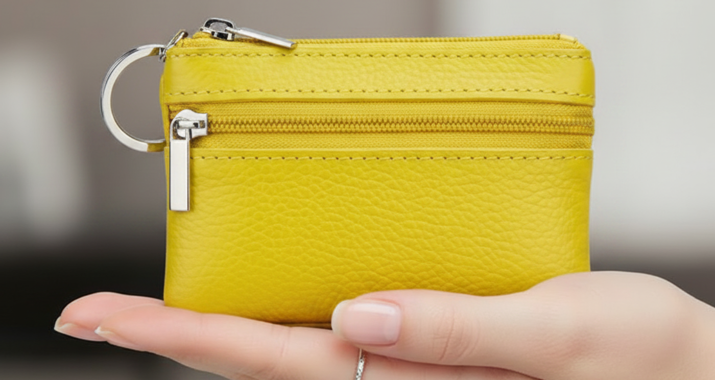 Handmade Genuine Leather Zipper Card Wallet Coin Purse Yellow