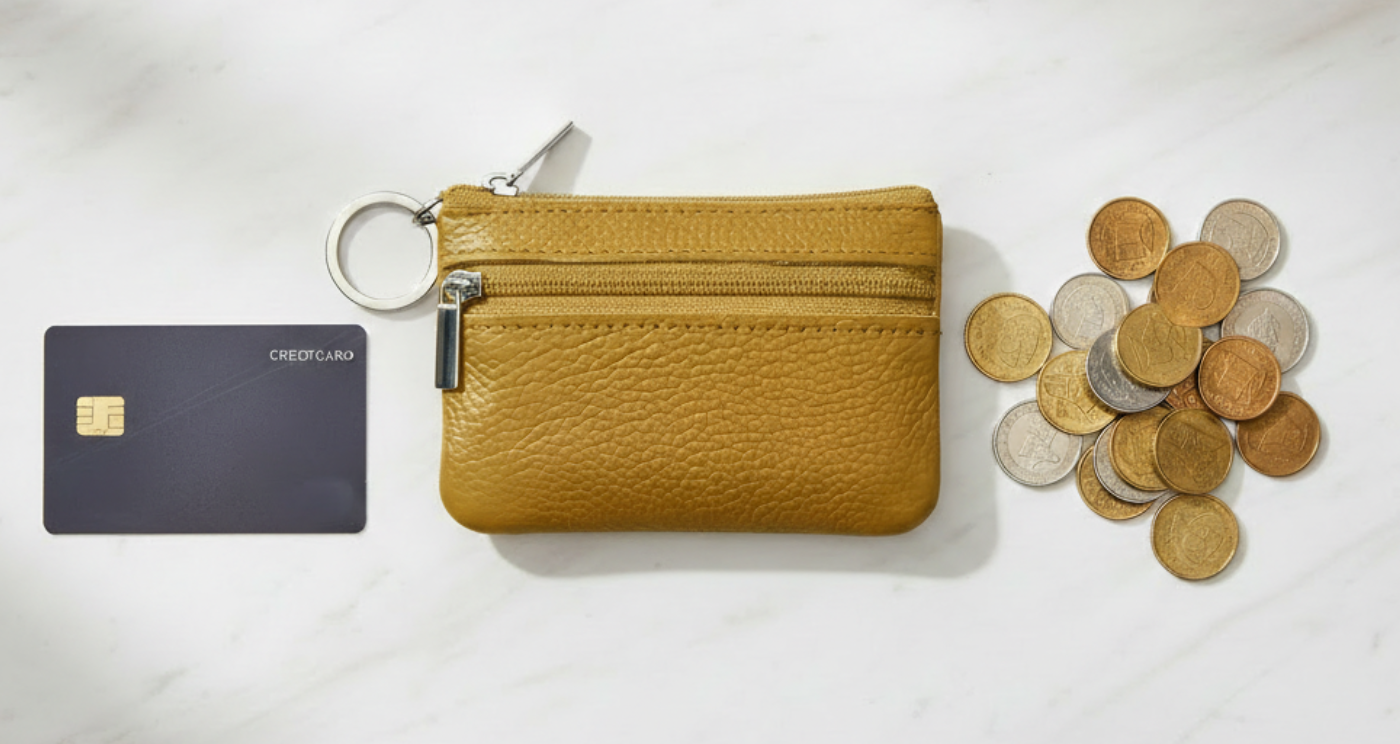 Handmade Genuine Leather Zipper Card Wallet Coin Purse Yellow with card and coins