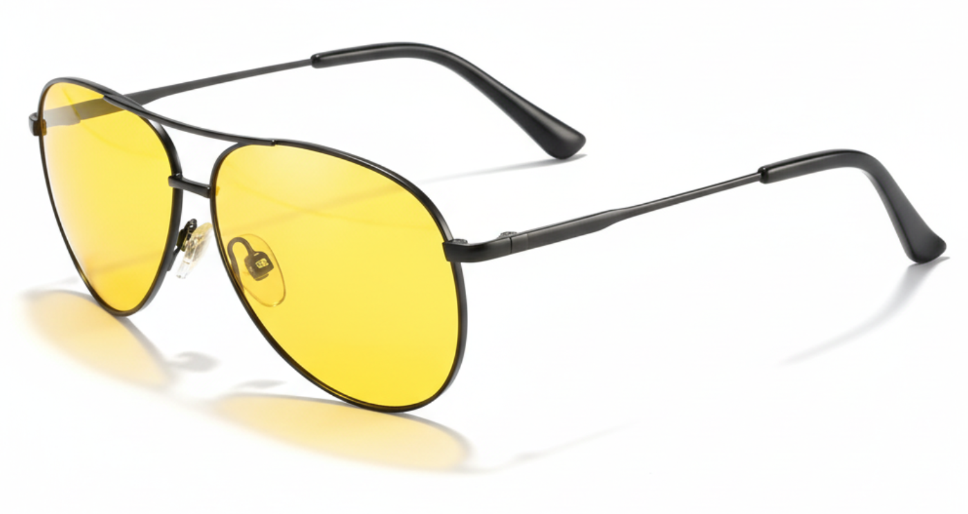 Missandtrendy Birmingham aviator sunglasses with black metal frame and yellow lens 45º side view