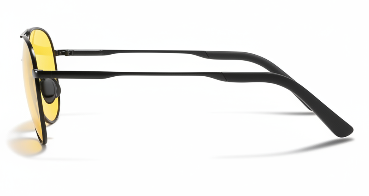 Missandtrendy Birmingham aviator sunglasses with black metal frame and yellow lens 90º side view