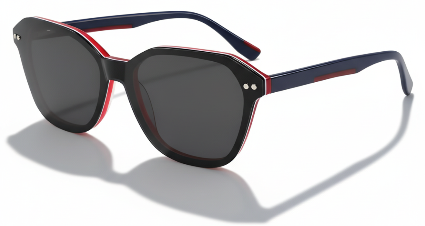 Missandtrendy Derby geometric sunglasses with black red frame and black clip lens 45º side view_01