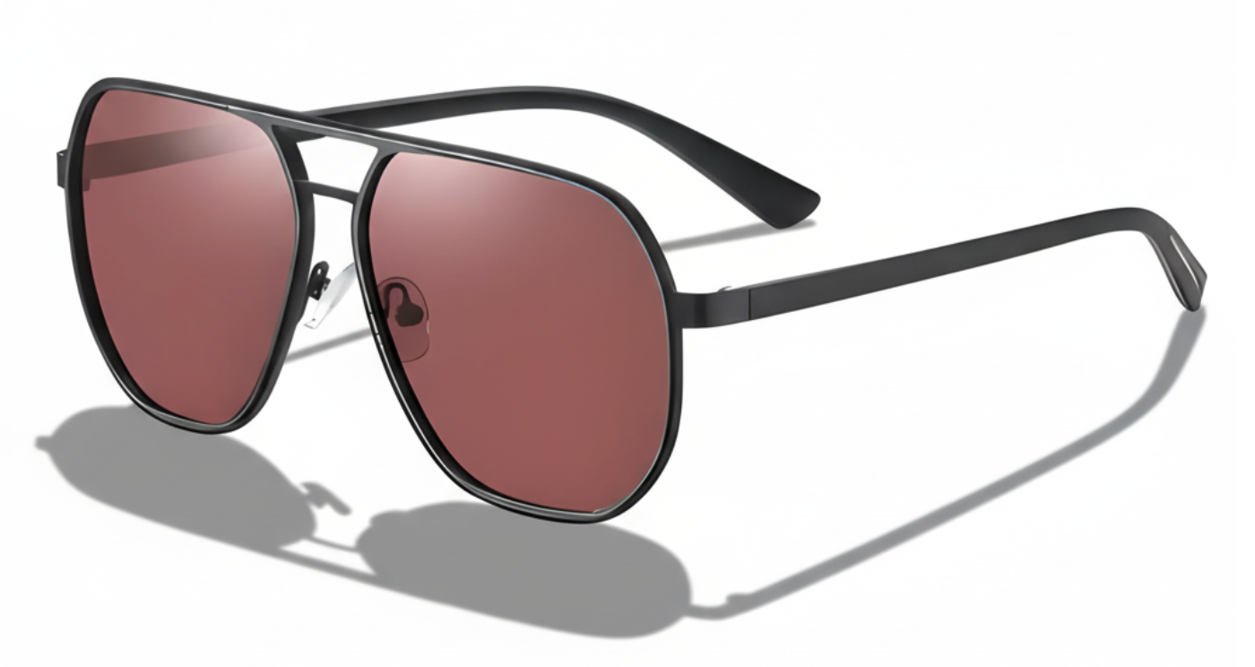 Missandtrendy Dire Aviator UV polarised sunglasses with black frame and burgundy lens 45º side view 