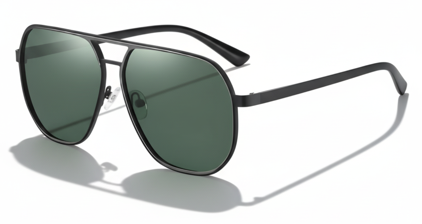 Missandtrendy Dire Aviator UV polarised sunglasses with black frame and green lens 45º side view 
