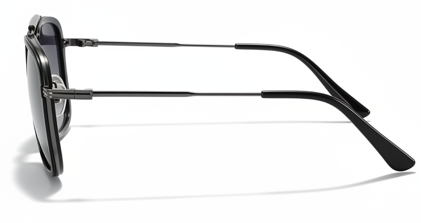 Missandtrendy Leeds aviator sunglasses with black rectangular frame and gradient black lens 90º side view_02