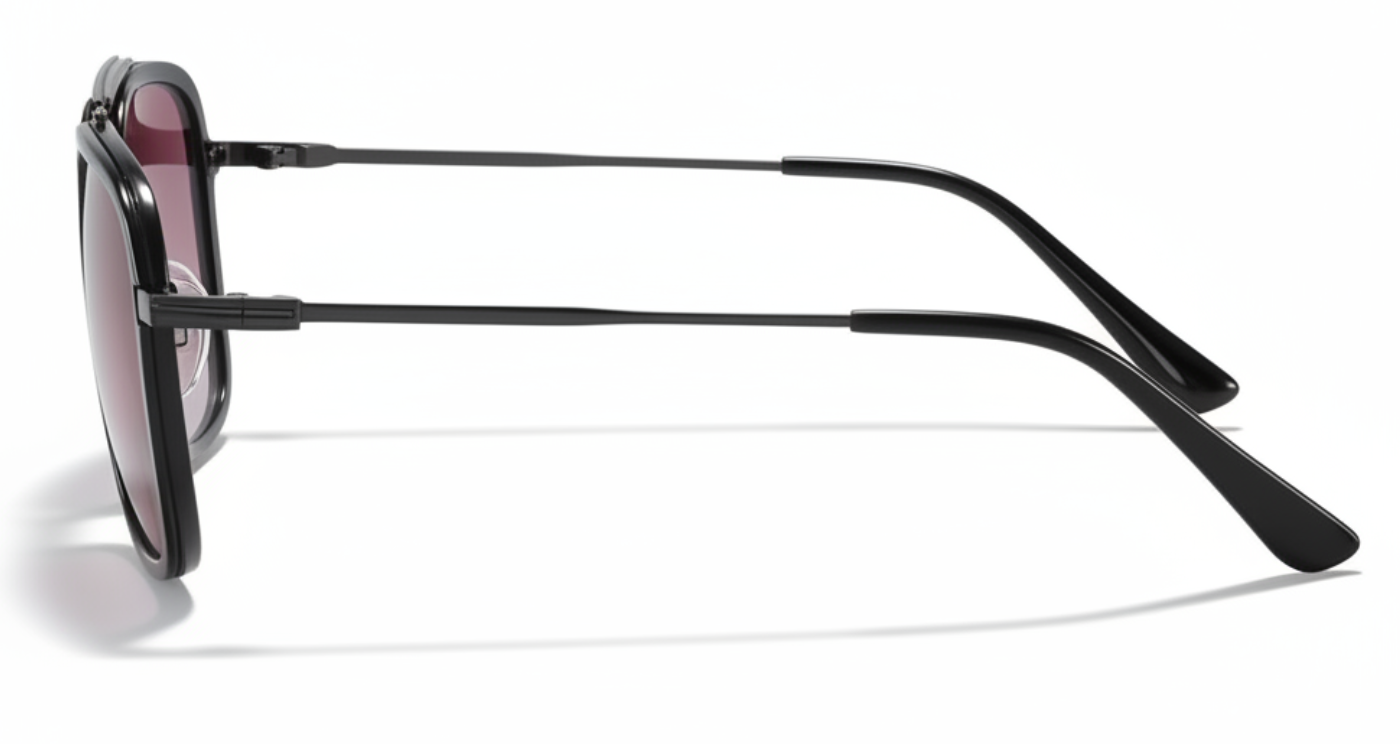 Missandtrendy Leeds aviator sunglasses with black rectangular frame and gradient burgundy lens 90º side view_01