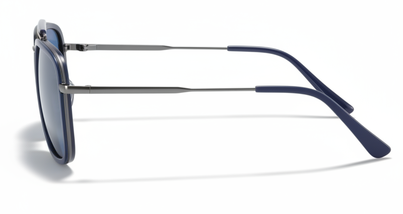 Missandtrendy Leeds aviator sunglasses with blue rectangular frame and gradient blue lens 90º side view