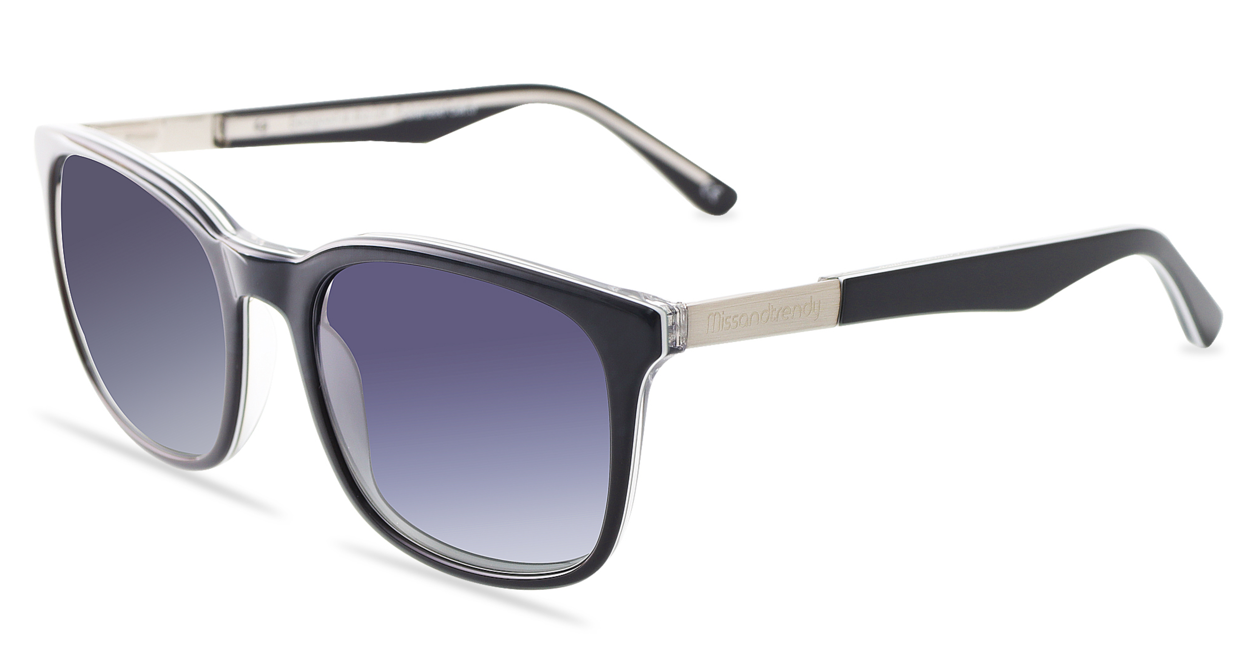 Missandtrendy London wayfarer sunglasses with black silver frame and black lens 45º side view