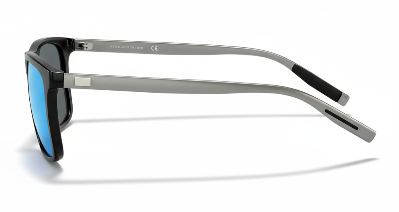 Missandtrendy Mayfair wayfarer square sunglasses with silver frame and mirror blue lens 90º side view