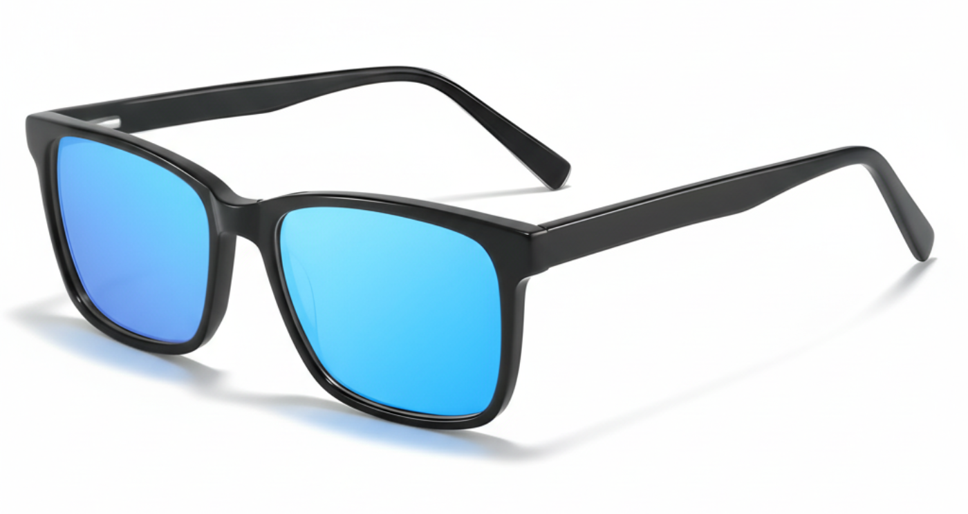 Missandtrendy Newcastle rectangular sunglasses with black frame and mirror blue lens 45º side view