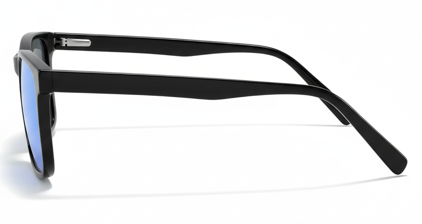 Missandtrendy Newcastle rectangular sunglasses with black frame and mirror blue lens 90º side view