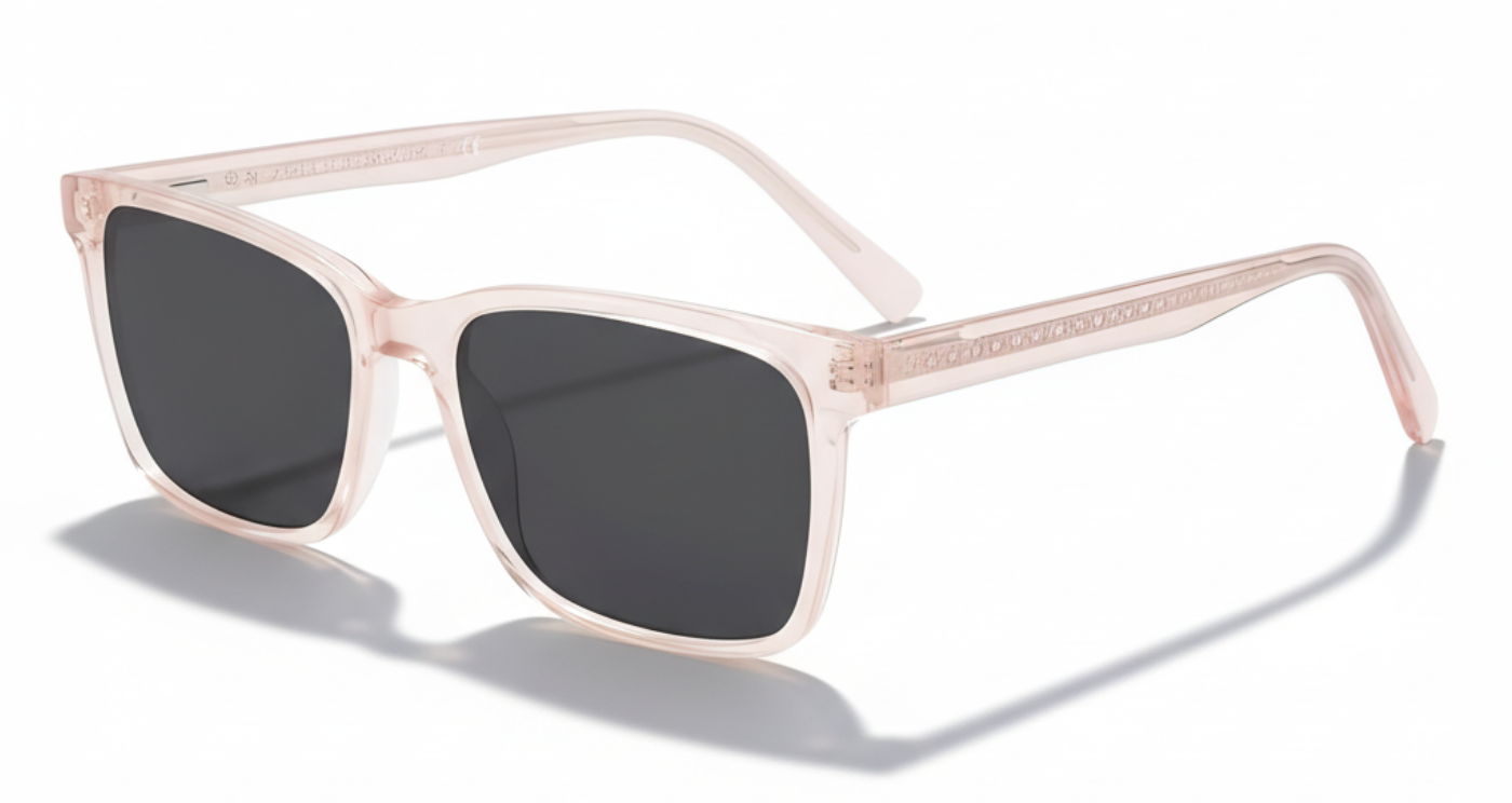 Missandtrendy Newcastle rectangular sunglasses with clear pink frame and green lens 45º side view