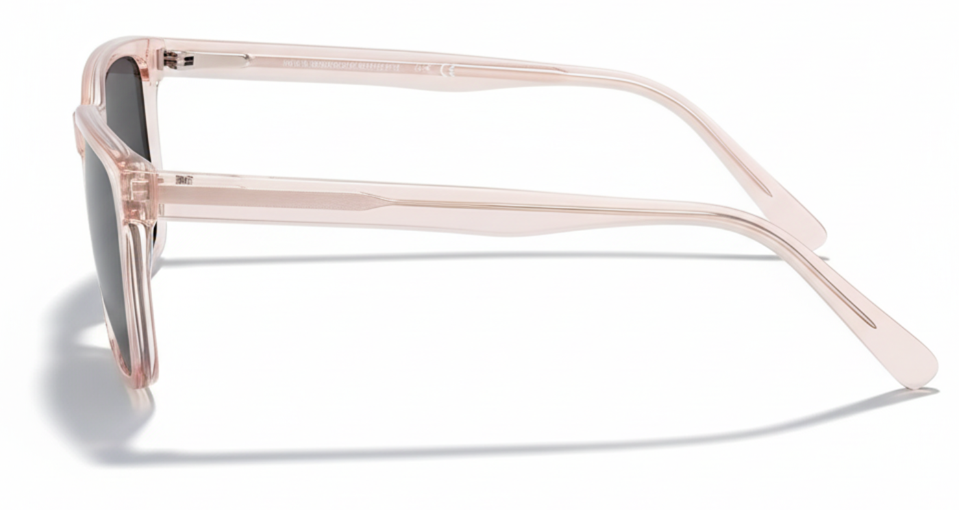 Missandtrendy Newcastle rectangular sunglasses with clear pink frame and green lens 90º side view