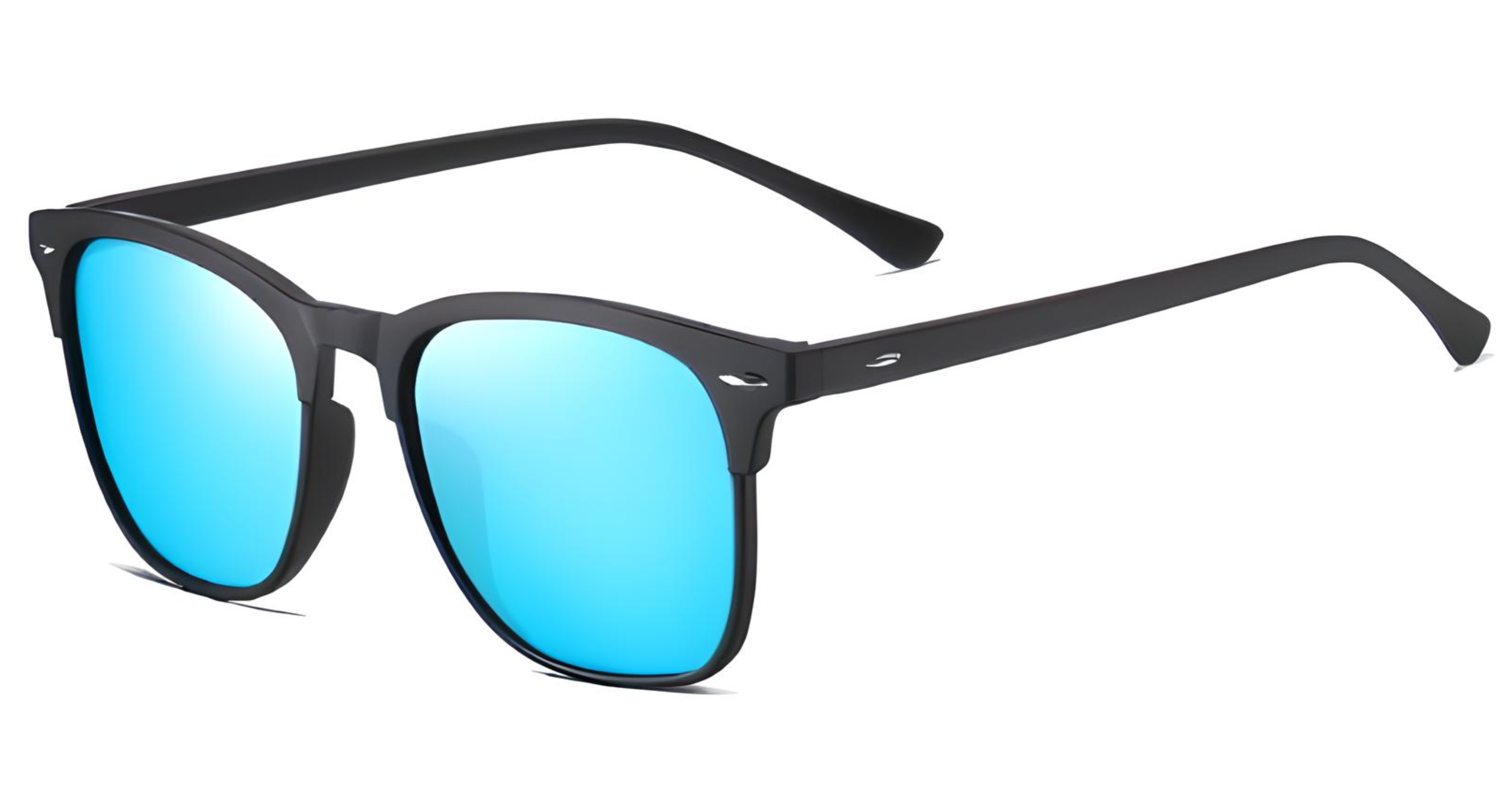 Missandtrendy Piccadilly wayfarer sunglasses with black frame and mirror turquoise lens 45º side view