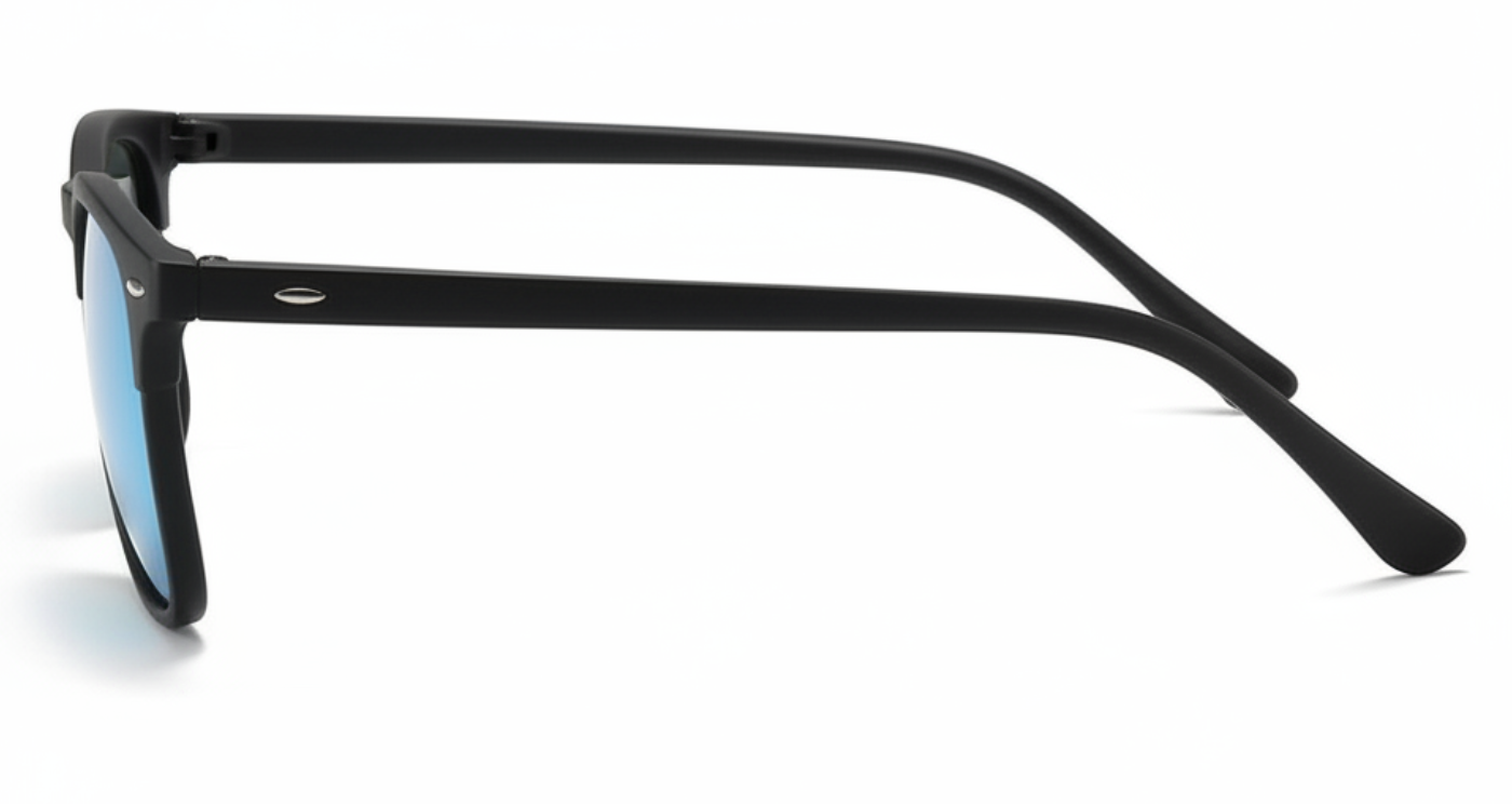 Missandtrendy Piccadilly wayfarer sunglasses with black frame and mirror turquoise lens 90º side view_new_01