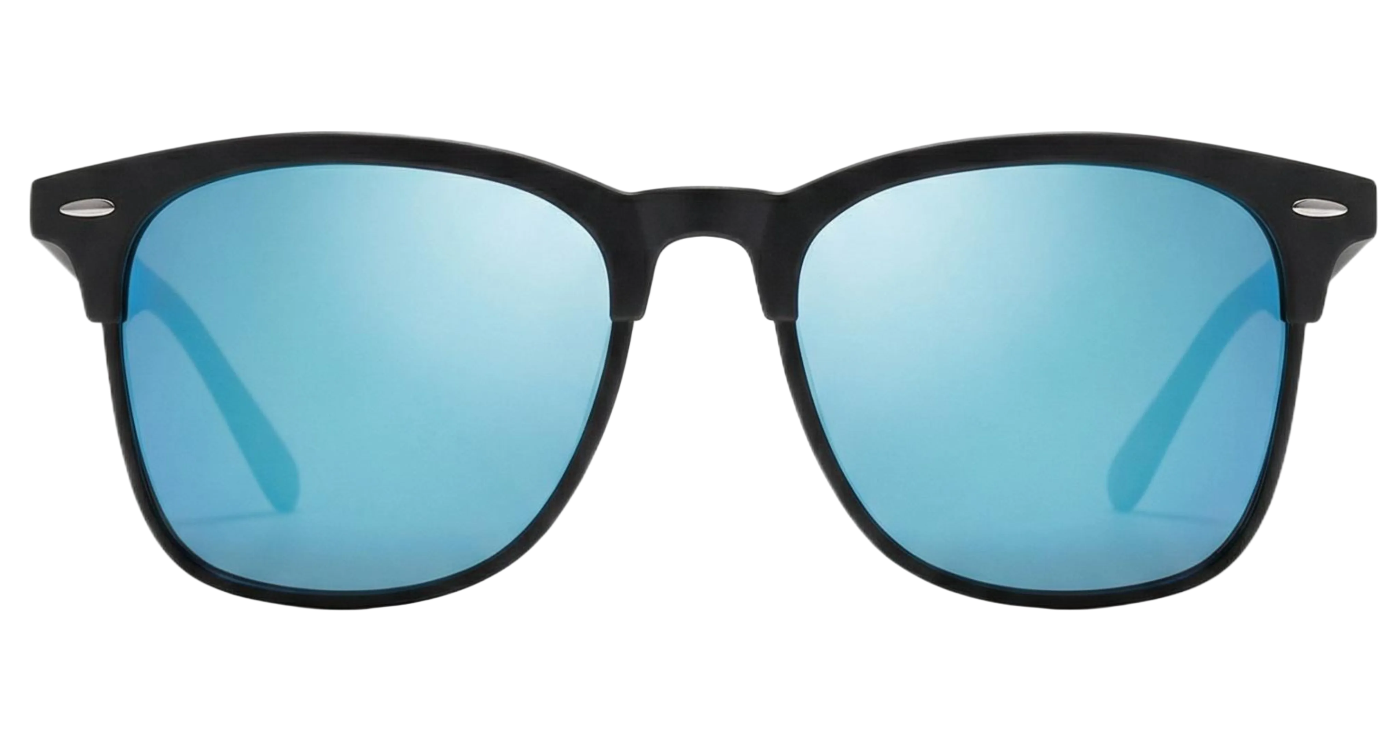 Missandtrendy Piccadilly wayfarer sunglasses with black frame and mirror turquoise lens front side view new style