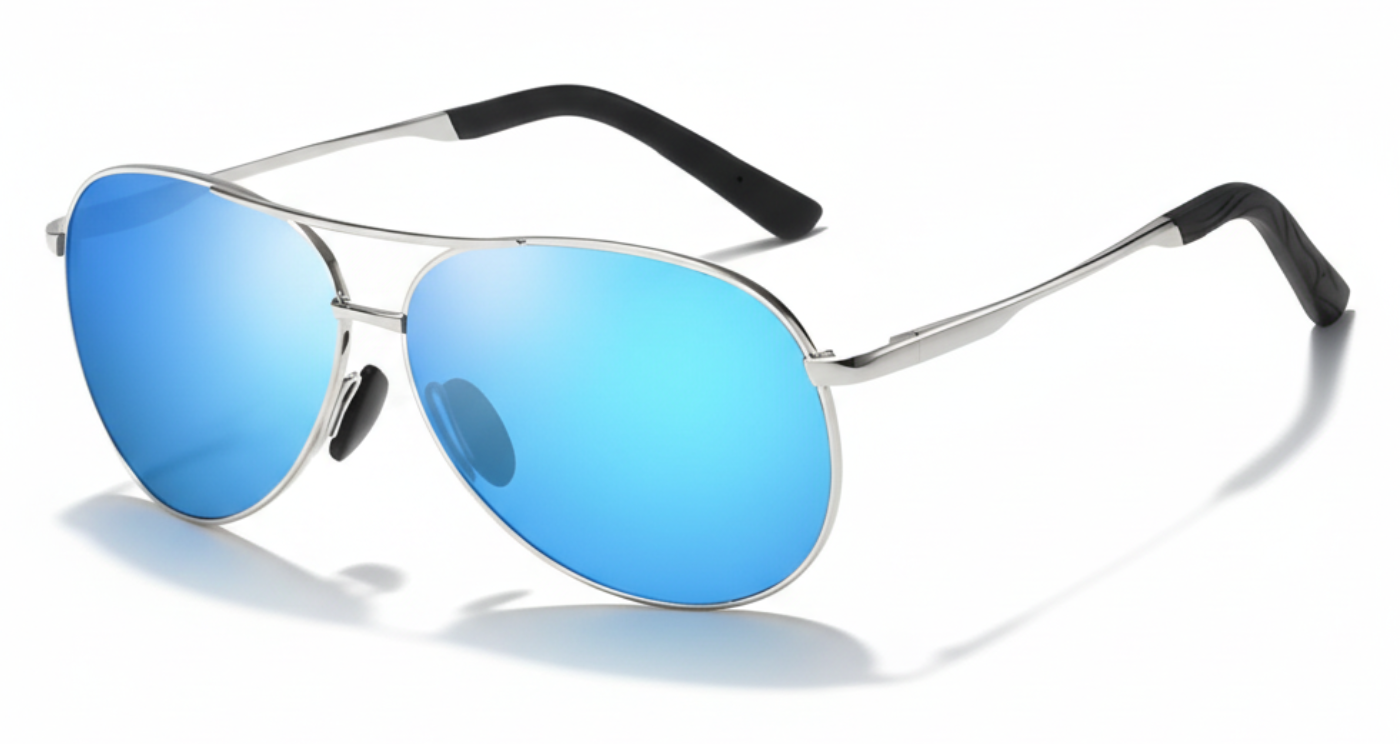 Missandtrendy Retro aviator sunglasses with silver metal frame and mirror blue lens 45º side view_01