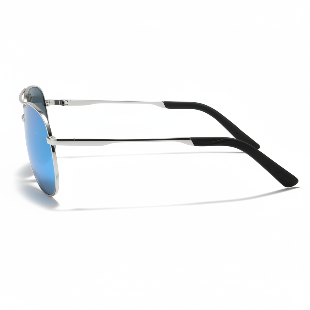 Missandtrendy Retro aviator sunglasses with silver metal frame and mirror blue lens 90º side view_01