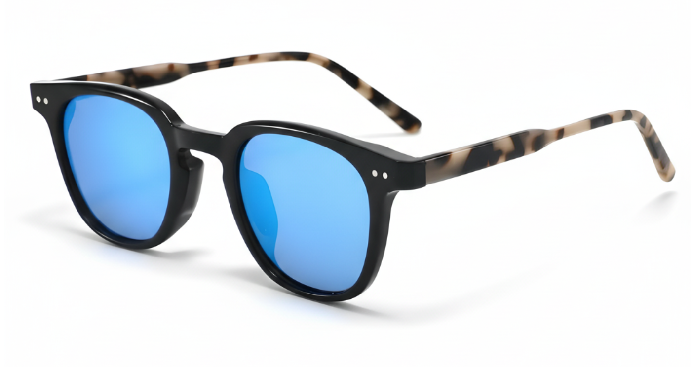 Missandtrendy candice round sunglasses with black frame and mirror blue lens 45º side view_01