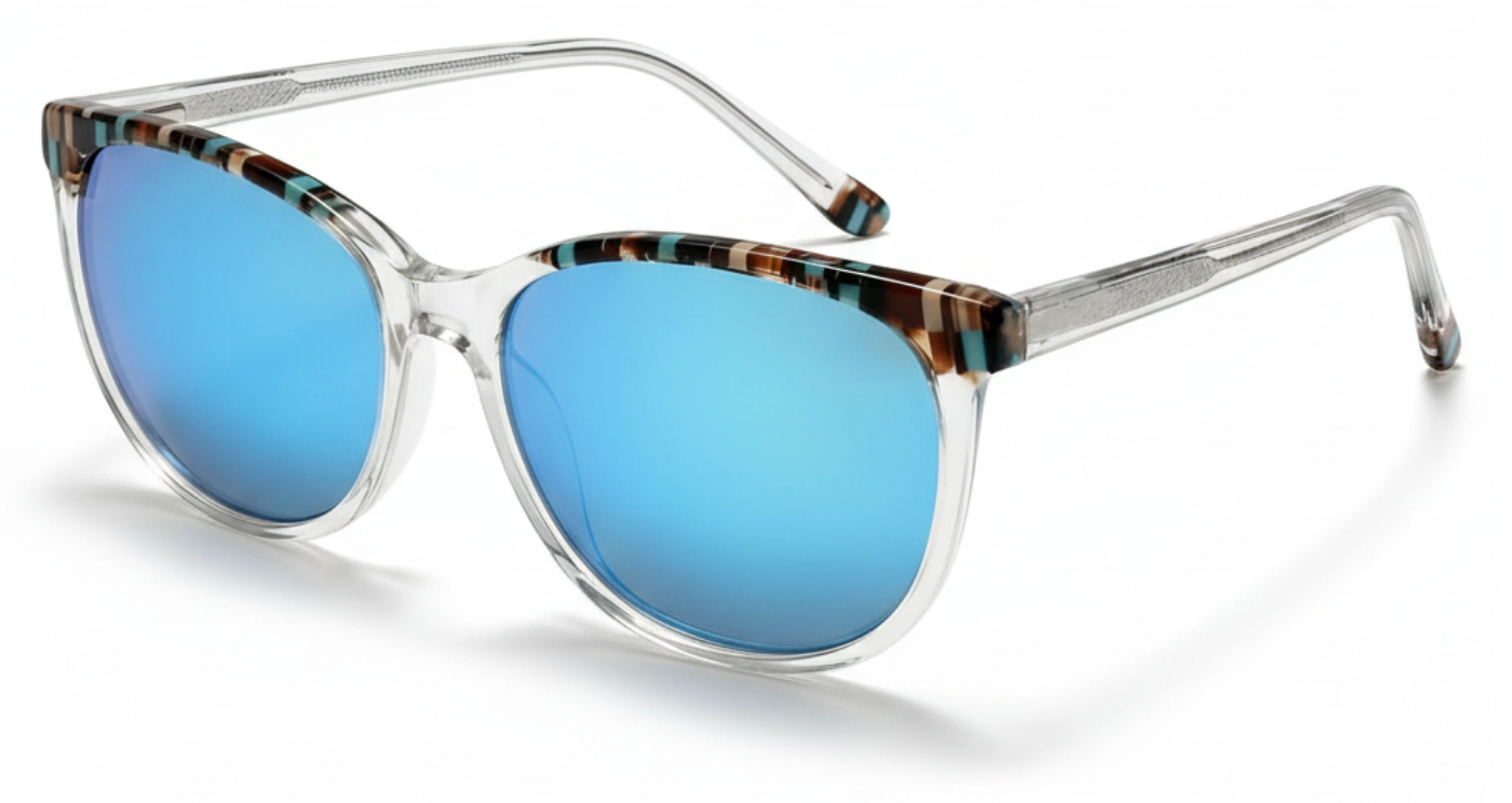 Missandtrendy cat-eye sunglasses with clear frame and mirror blue lens 45º side view_new_01