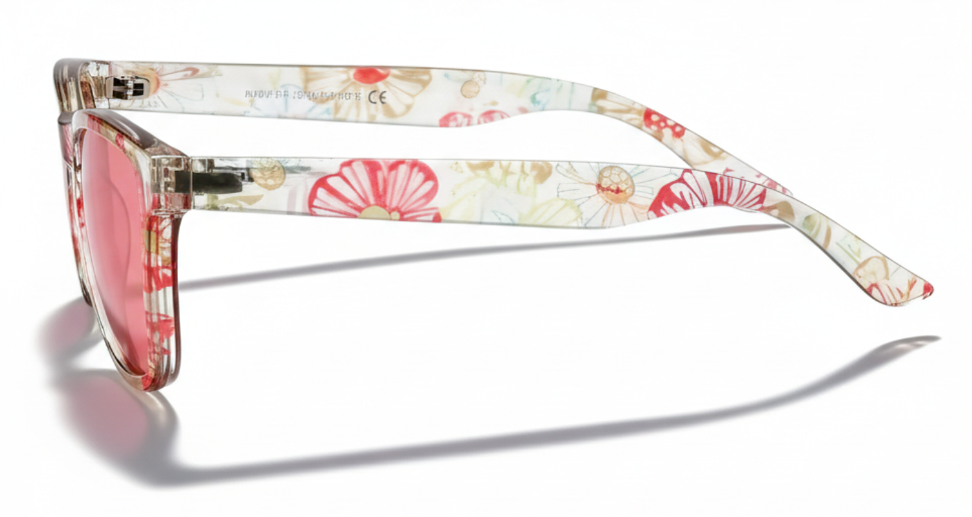 Missandtrendy dreamlike wayfarer sunglasses with flower pattern frame and pink lens 90º side view